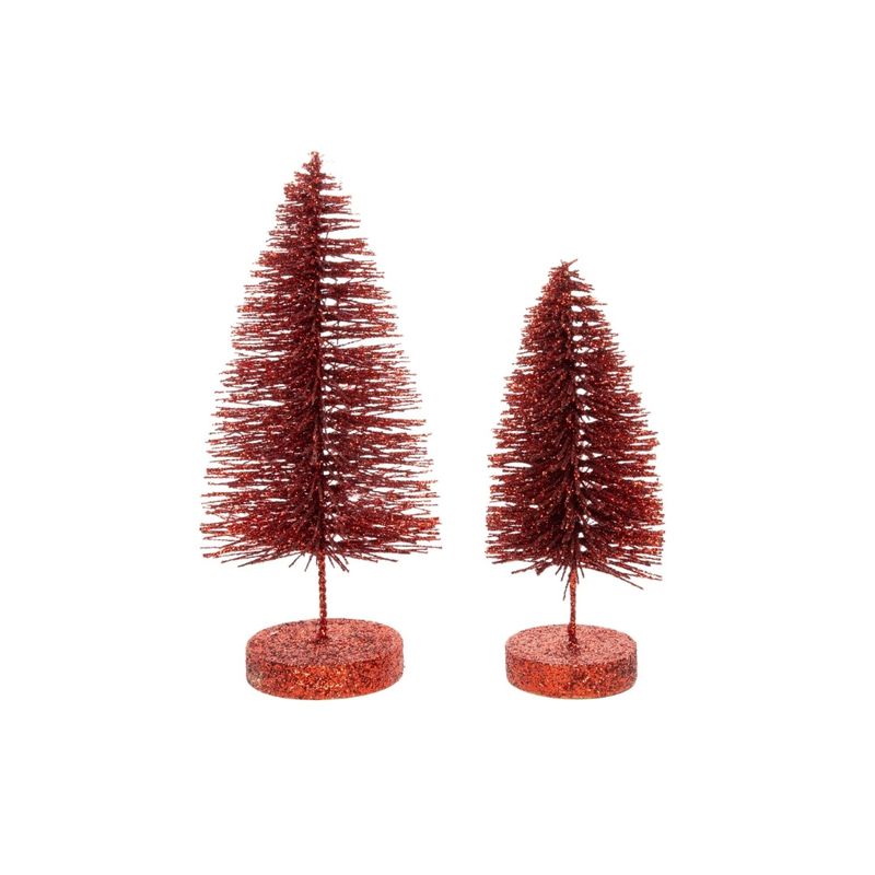 Set of 2 red bristle trees, glitter base tabletop 8.75+7 in  4