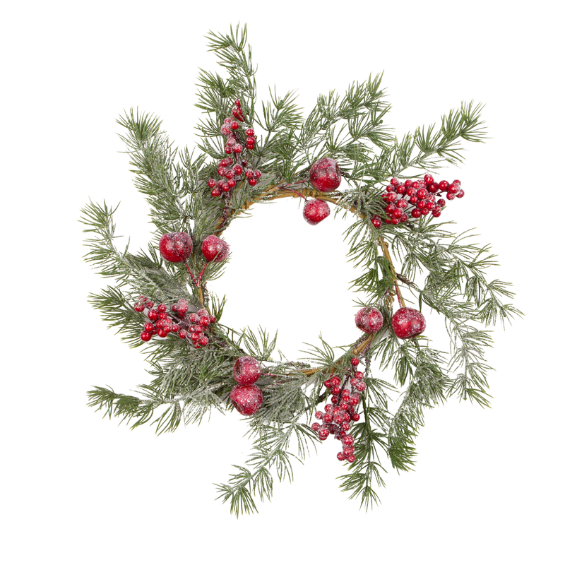 Frosted faux fir branch candle ring with multi size red berries 6.5 in  6