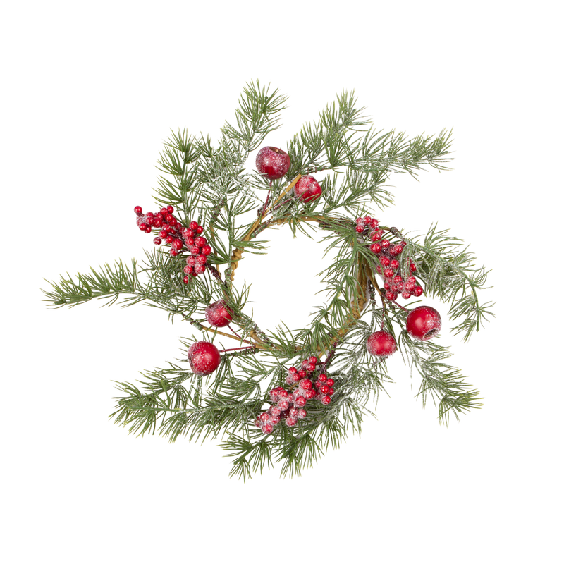 Frosted faux fir branch candle ring with multi size red berries 4.5 in  6