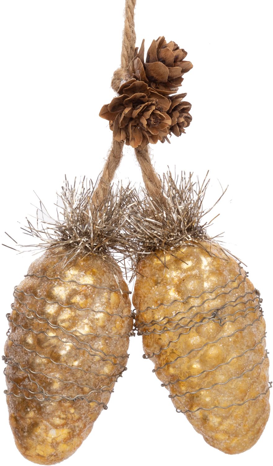 2 Gold pine cones with tinsel and natural pine cones on jute cord orn 4.75 in  8