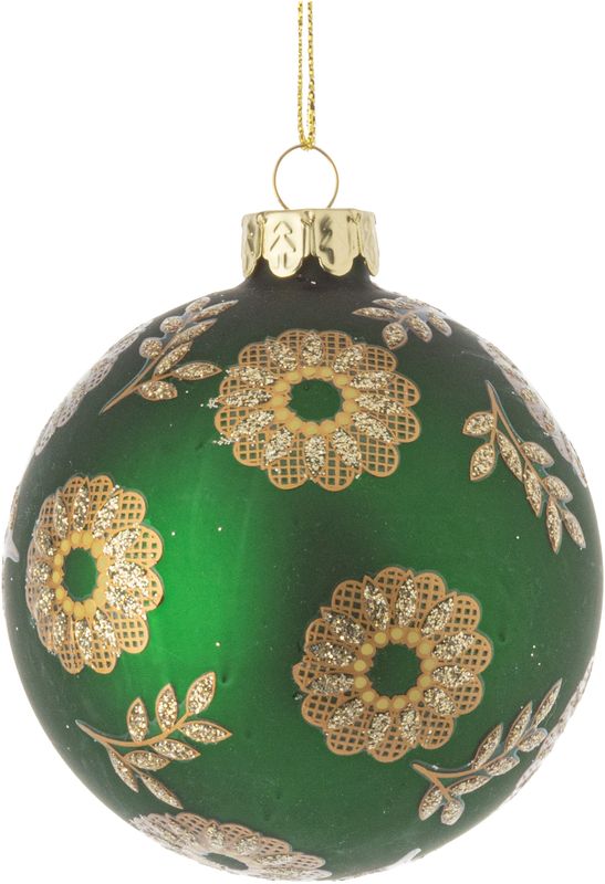 Matte green glass ball with glittered gold lacy flowers orn 3 in  12