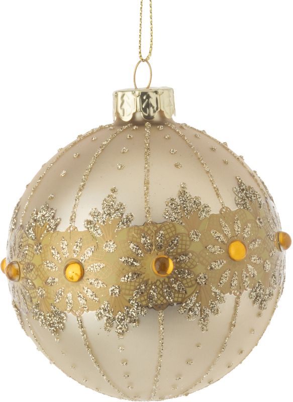 Matte champagne glass ball with gold motif, glitter and gold cabochons orn 3 in  12