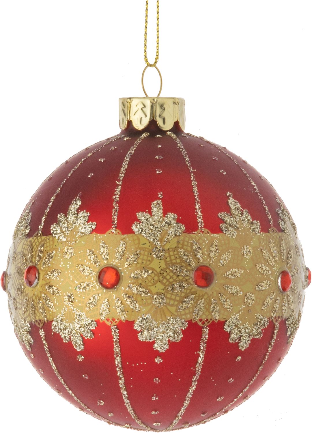 Matte red glass ball with gold motif, glitter and red cabochons orn 3 in  12