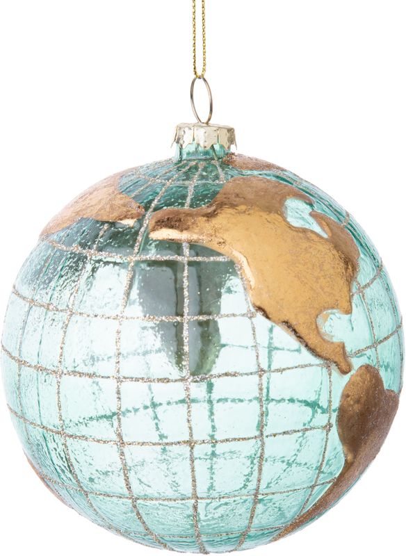 Glass globe ornament, translucent green with matte gold continents 4 in  12