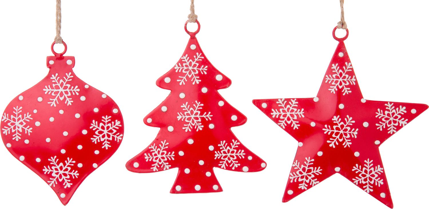 3 Asst&#39;d metal ornaments, matte red with scandi snowflake pattern, 4 in  24