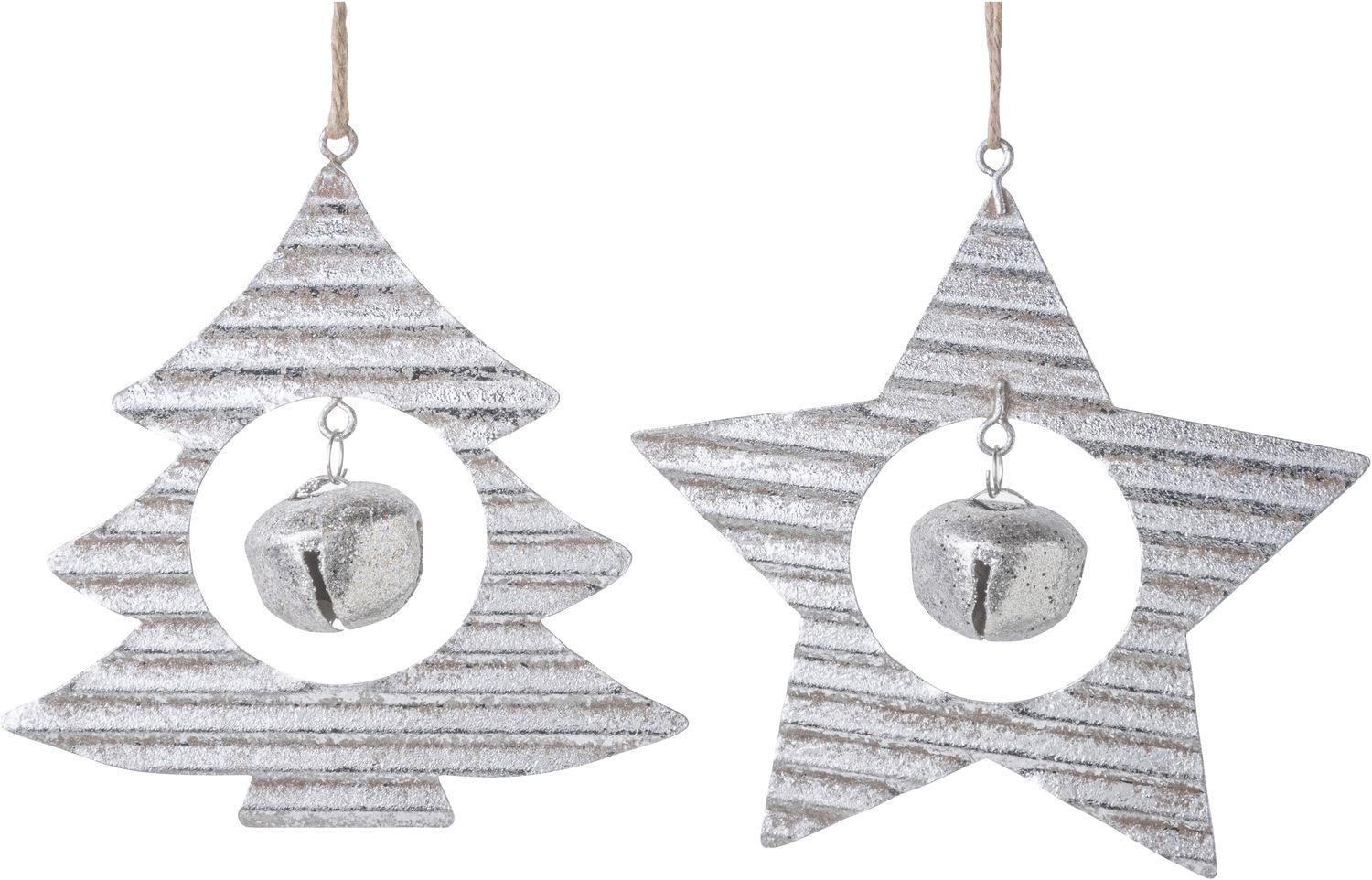 2 Asst&#39;d corrugated tree and star ornament, silver foil finish with jingle bell 4.5 in  12
