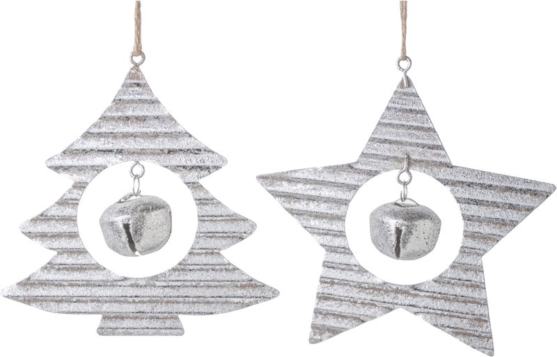 2 Asst&#39;d corrugated tree and star ornament, silver foil finish with jingle bell 4.5 in  12