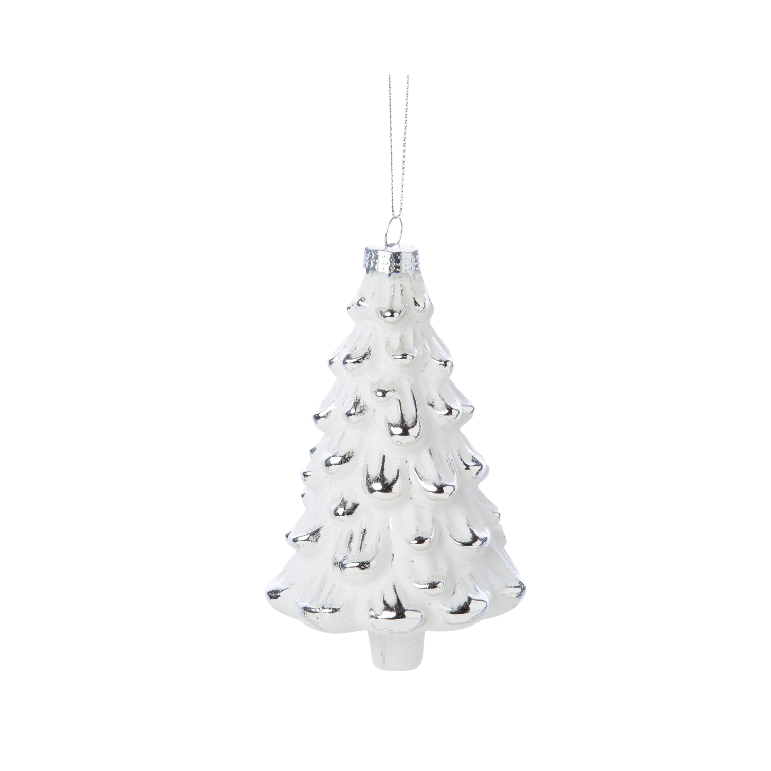 Glass tree ornament, matte white with silver tips 5.5 in  12