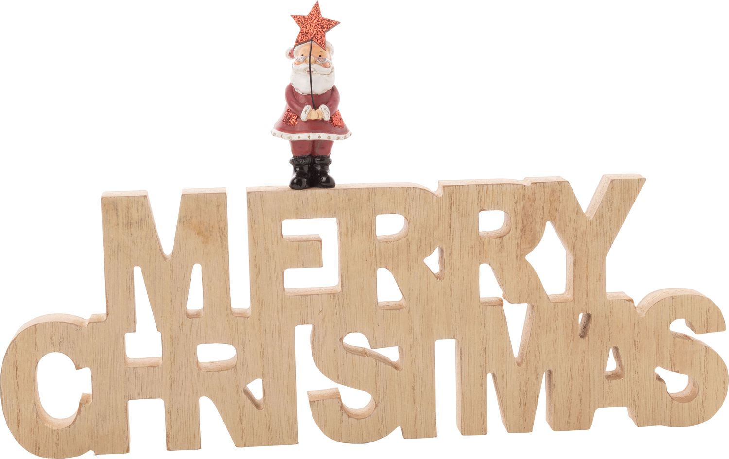 Natural wood Merry Christmas sign with painted Santa holding star tabletop 8x14 in  6
