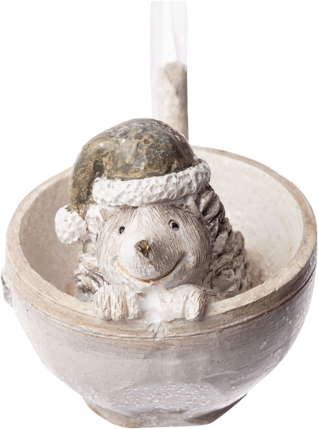 Hedgehog with Santa hat sitting in cup, taupe painted resin orn 2.6 in  12 -Z08 -25NP - S04/25