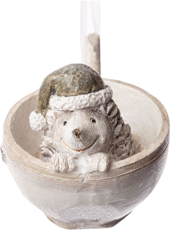 Hedgehog with Santa hat sitting in cup, taupe painted resin orn 2.6 in  12 -Z08 -25NP - S04/25