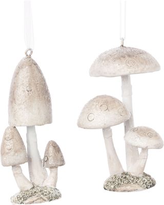 2 Asst&#39;d taupe mushroom cluster on grass base, painted resin orns 3.3 in  12