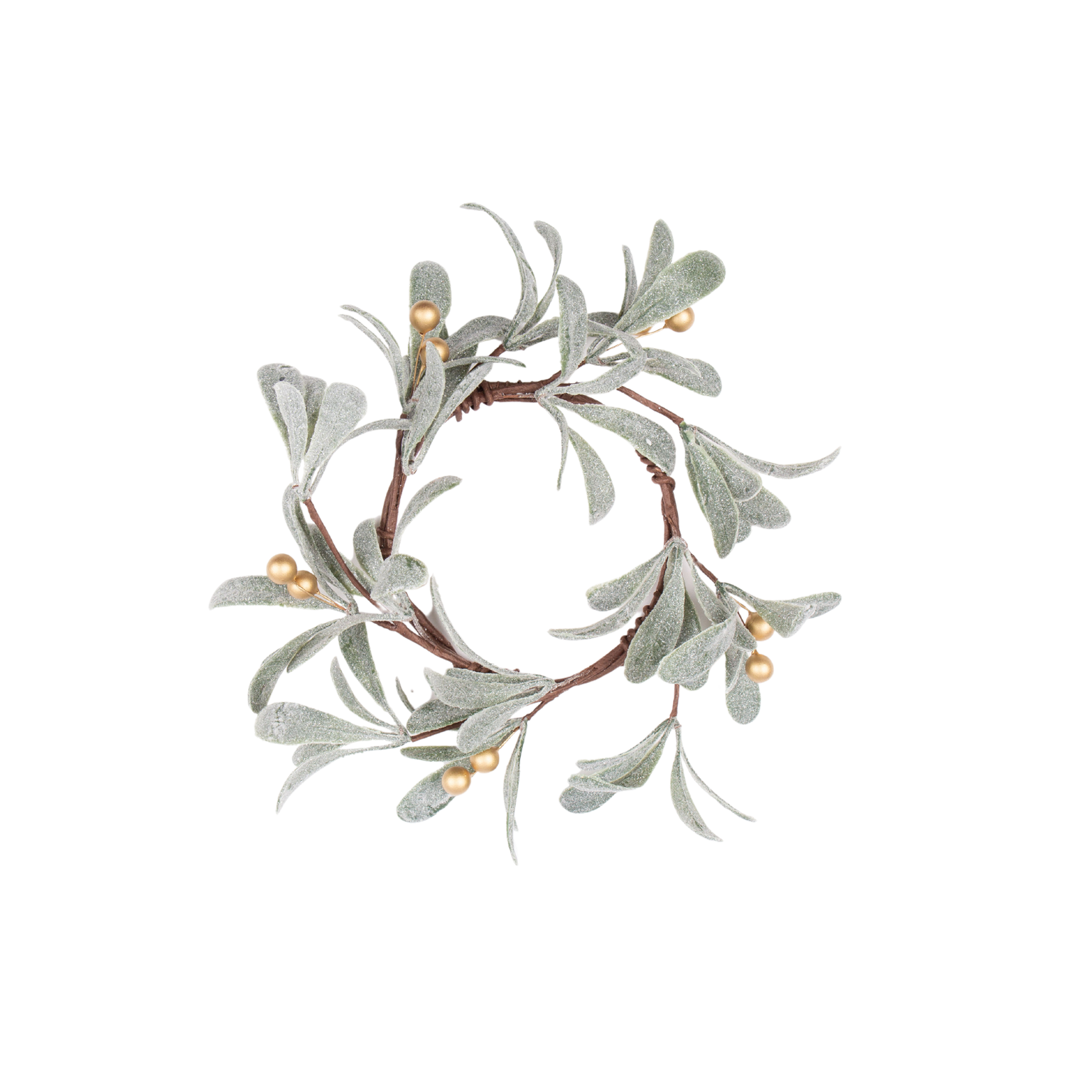 Frosted faux mistletoe branch candle ring with matte gold berries 4.5 in  6