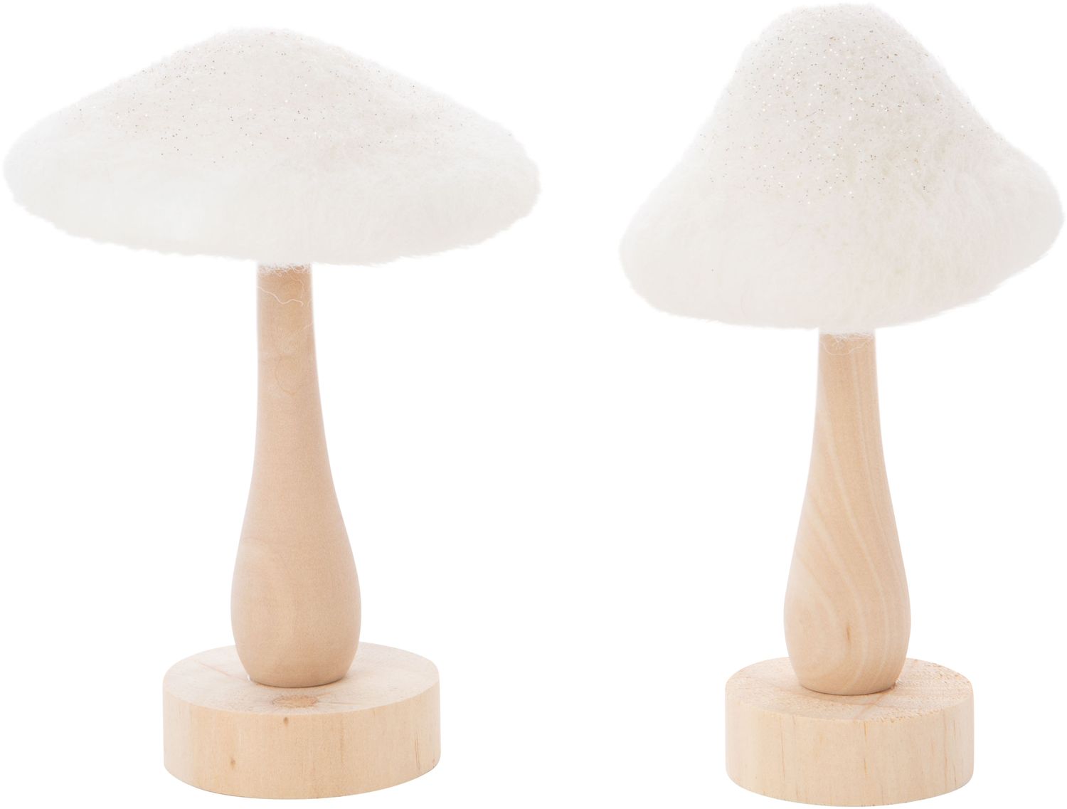Set of 2 wood mushroom table pieces, white felt tops with light glitter accents, 5.1 in  6