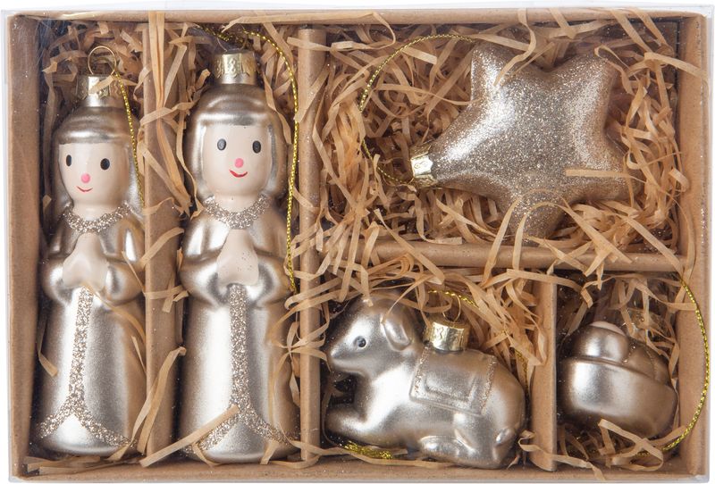 Boxed set of 6 manger figures, painted glass with glitter accents orns up to 4.5 in  4