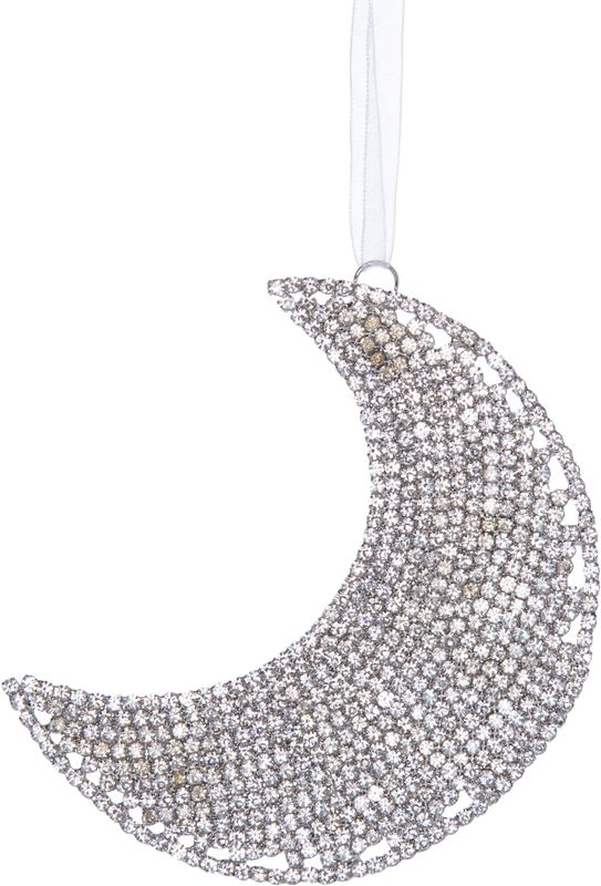 Rhinestone crescent moon in molded metal frame, shiny silver 4 in  6