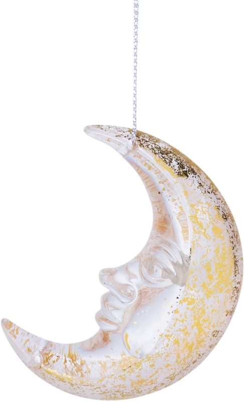 Acrylic crescent moon with face, gold colour orn, 4 in  12