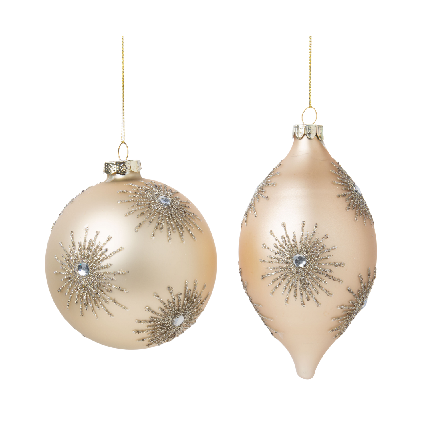 2 Asst&#39;d glass ball and drop ornaments, matte pale gold with silver starburst 4 in  12