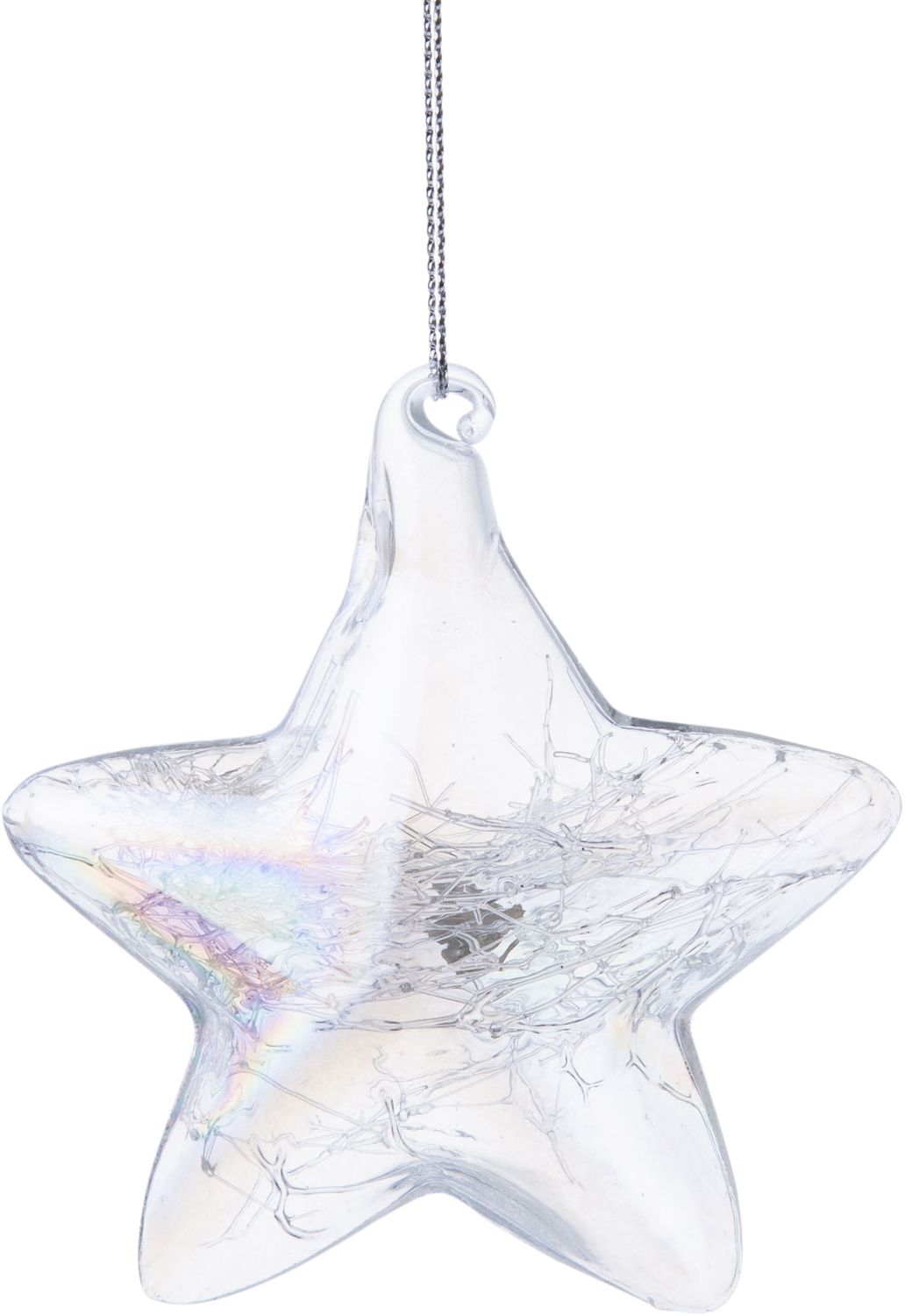Clear iridescent glass star ornament, static interior, 3 in  24