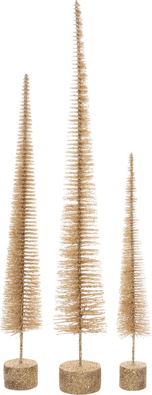 Set of 3 champagne bristle trees on glittered wood base tabletop 19.75+15.75+11.75 in  4