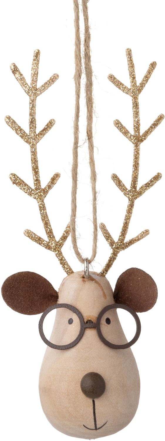 Solid wood reindeer with glass ornament, metal antlers, gold glitter antlers 4.5 in  12