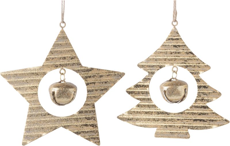 2 Asst&#39;d corrugated metal tree and star ornaments, gold foil finish, jingle bell center 4.5 in  12