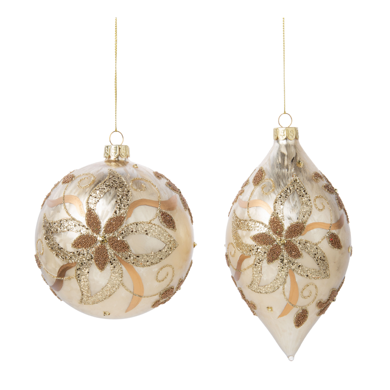 2 Asst&#39;d glass ball and drop ornaments, light gold frost with gold glitter and bronze bead poinsettia pattern 4+5 in  12