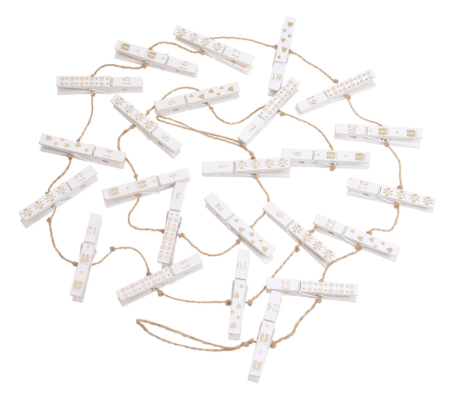 jute cord w/painted wht/gold clothes pins card/photo hanger garland, boxed  6