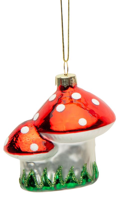 Blown glass double mushroom ornament, white base, 3 in  12