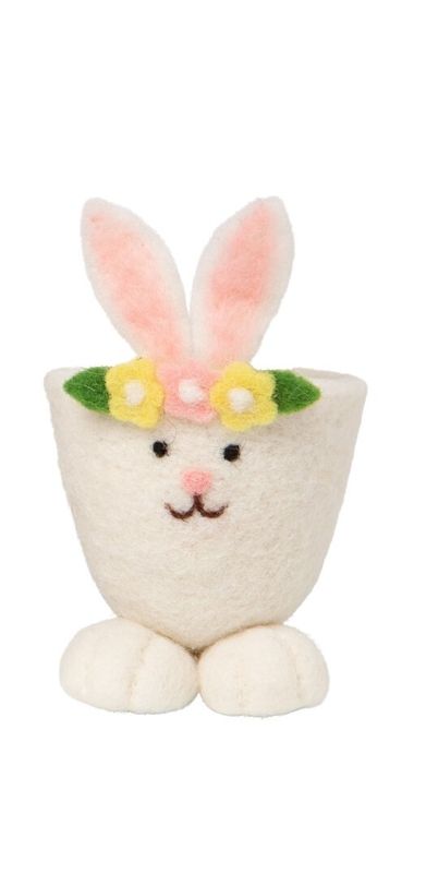 Felt egg cup shape bunny basket, floral trim 5.5x3.5x3.5in  6       