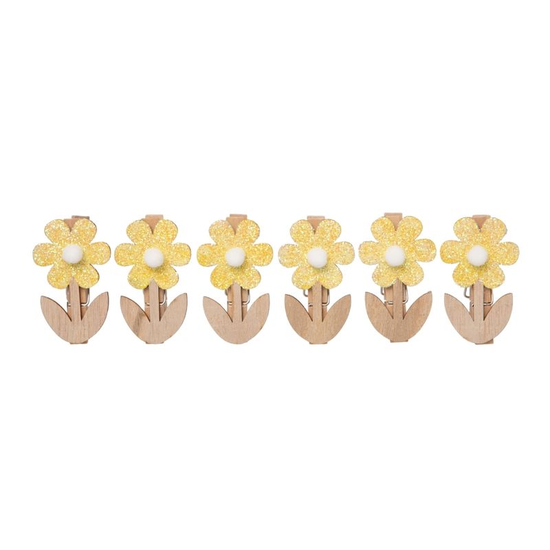 Set of 6 printed wood daisy mini clip orn, bag with header 2.5x1.5in  12       
