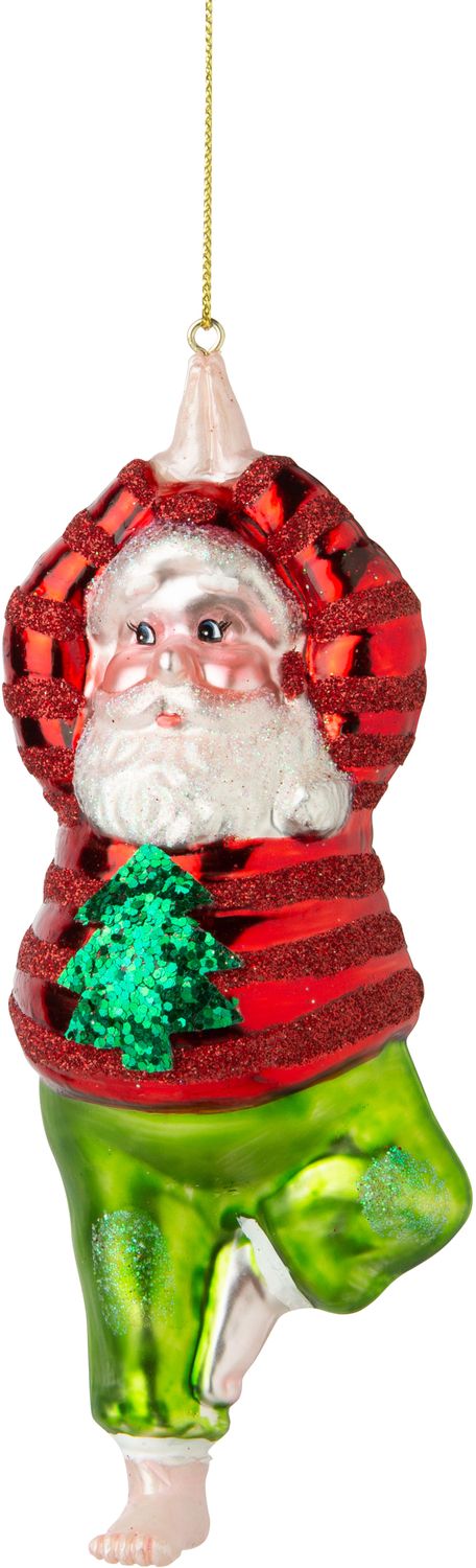 Blown glass Santa in yoga TREE pose ornament, 6.25 in  6