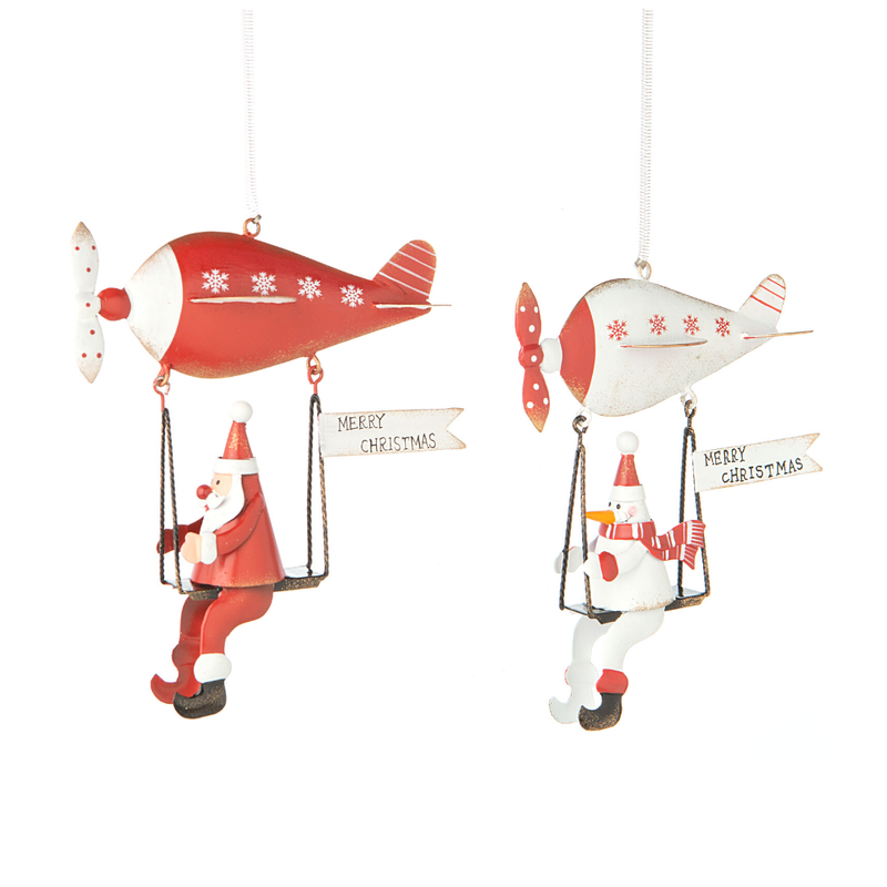 2 Asst&#39;d Santa and snowman on flying machines, spring hangers 6.25 in  8