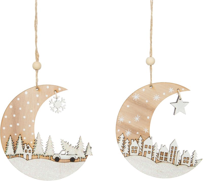 2 Asst&#39;d glittered wood crescent moon ornament, village scene, white glitter backs, 7.75 in  24