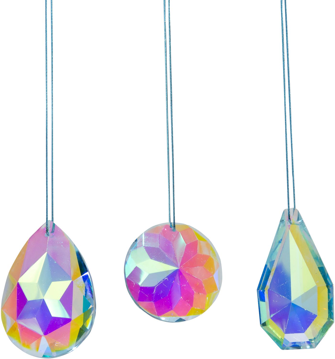 3 Asst&#39;d cut glass pendant ornaments, iridescent finish, 2.25 in  24