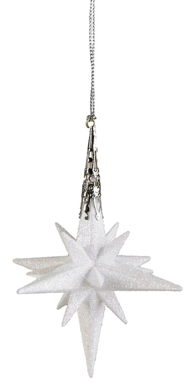 Bright silver glittered acrylic Moravian star ornament with filigree topper, 3.5 in  12