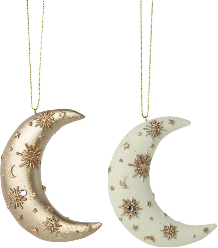 2 Asst&#39;d painted resin crescent moon ornaments, cream and champagne gold, 3 in  12