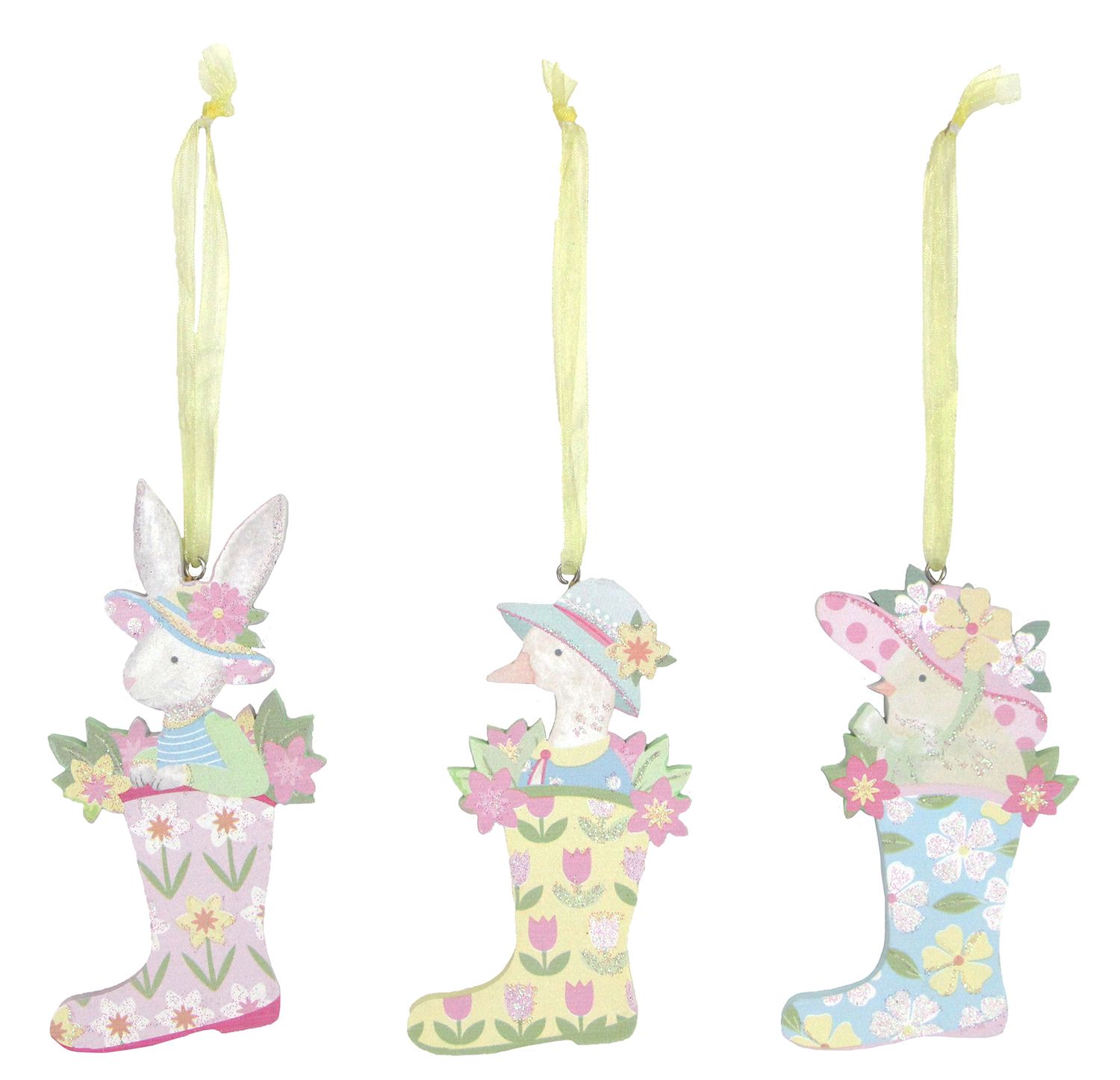 3 Asst&#39;d Easter bonnet wellington/characters orn, 3.5 in  12       