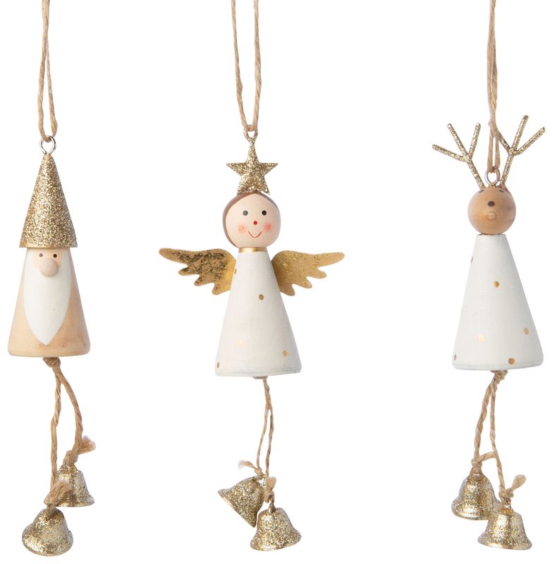 3 Asst&#39;d painted wood body mini angel Santa and reindeer ornaments gold glittered accents, 2 in  24