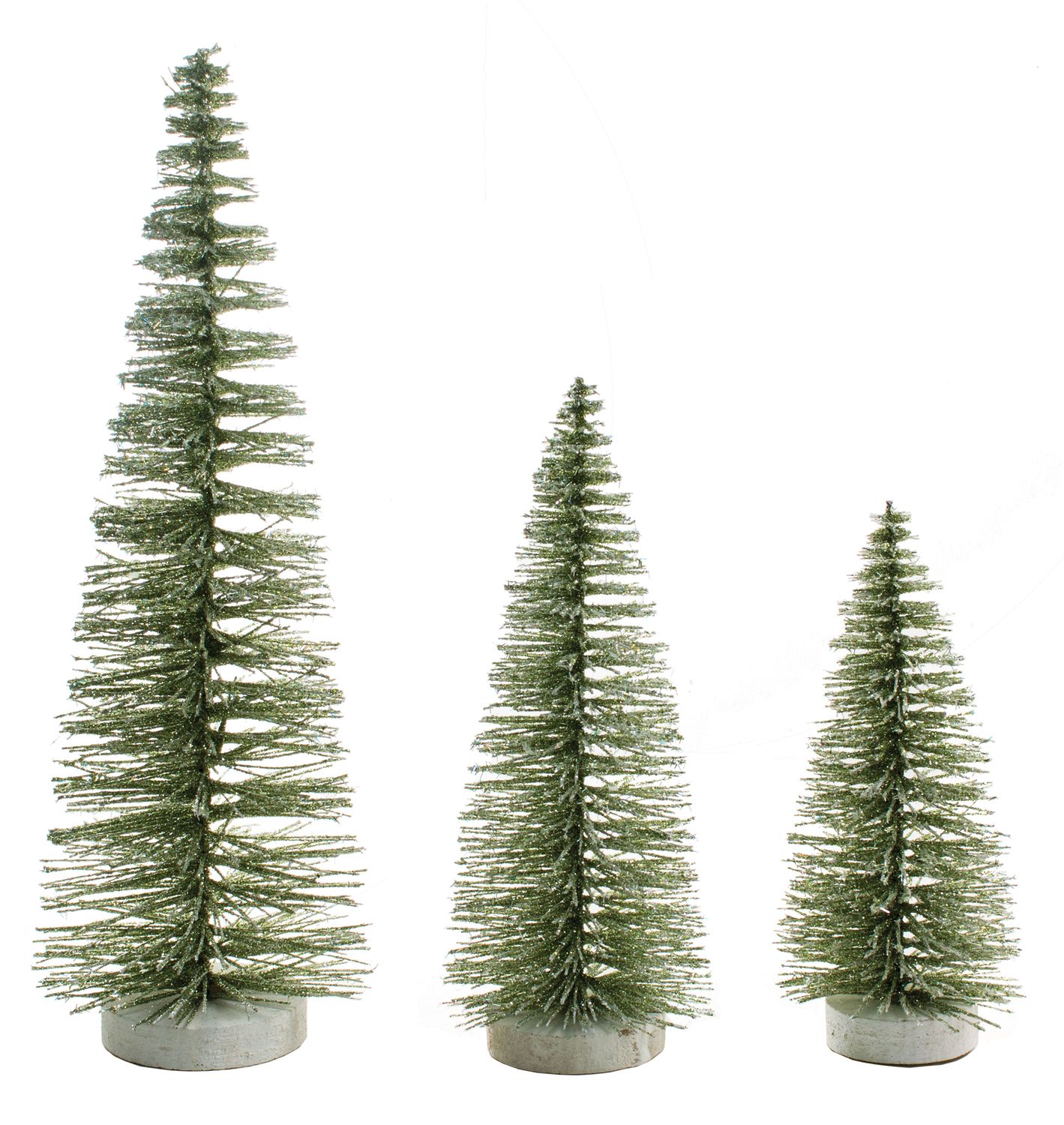 Set of 3 moss green bristle trees, iridescent glitter on wood base, 8+10+14 in  4