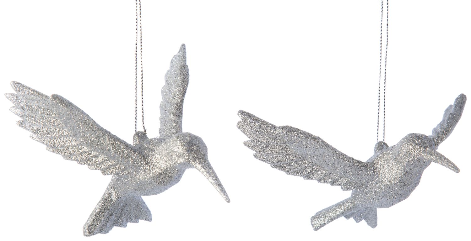 2 Asst&#39;d acrylic hummingbird ornaments, bright silver glitter, 4.5 in  24