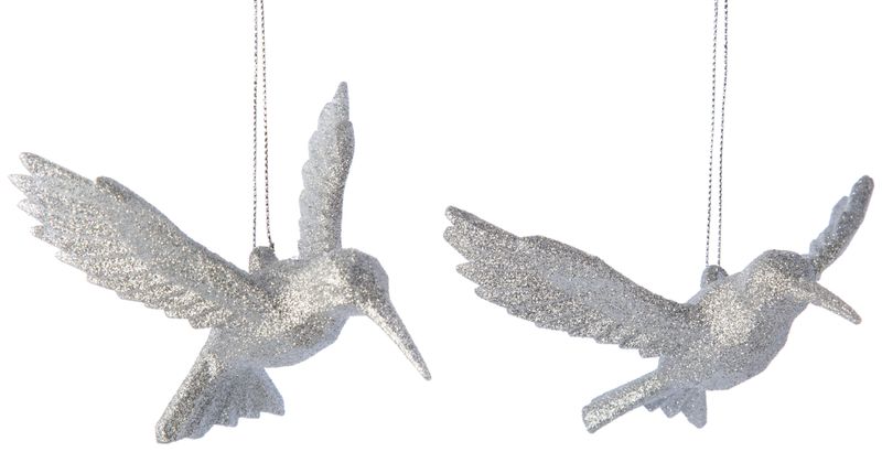 2 Asst&#39;d acrylic hummingbird ornaments, bright silver glitter, 4.5 in  24