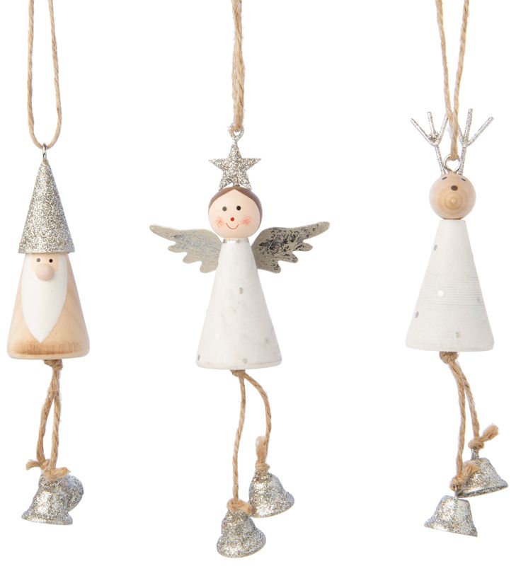 3 Asst&#39;d painted wood body mini angel Santa and reindeer ornaments silver glittered accents, 2 in  24