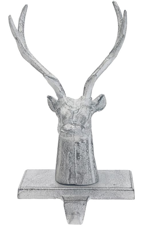 Cast iron stocking holder, stag w/antlers antique white finish, 10 in  6