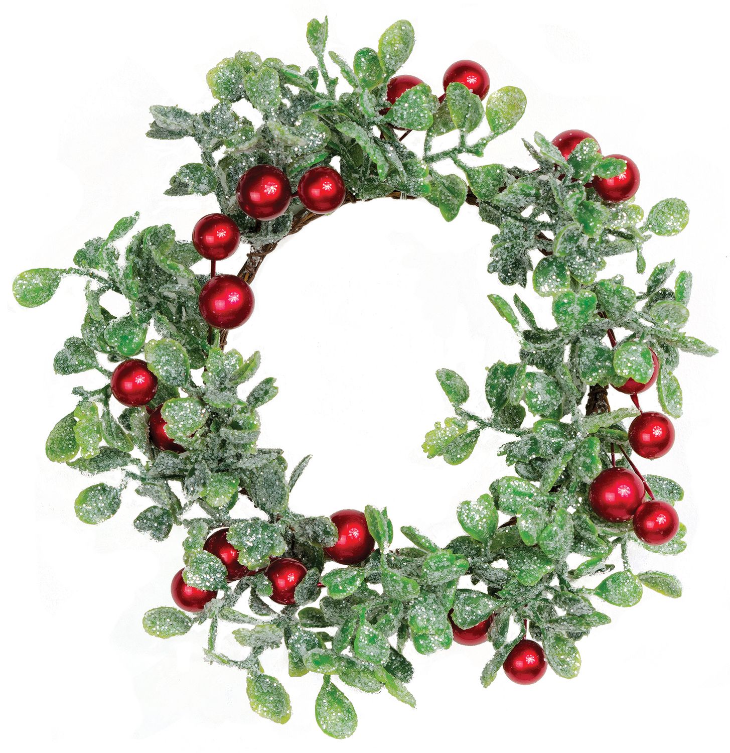 Faux glittered boxwood candle ring w/ red berries, 3.5 in  24
