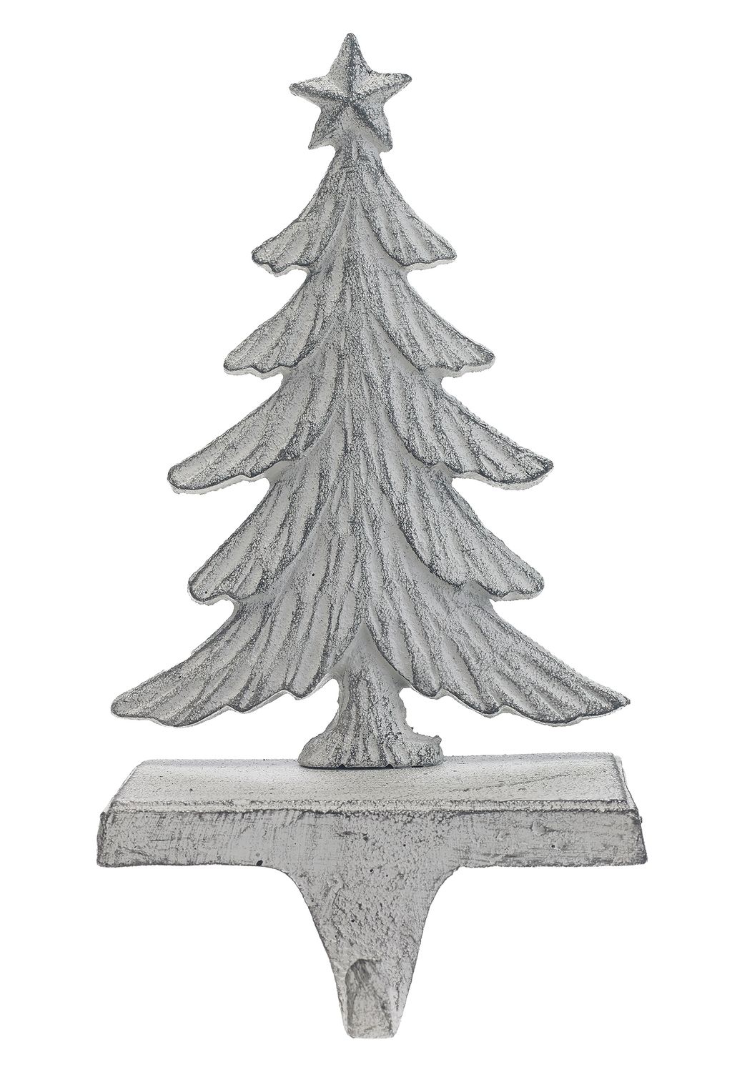 Cast iron stocking holder, antique white fir tree w/star, 9 in  6
