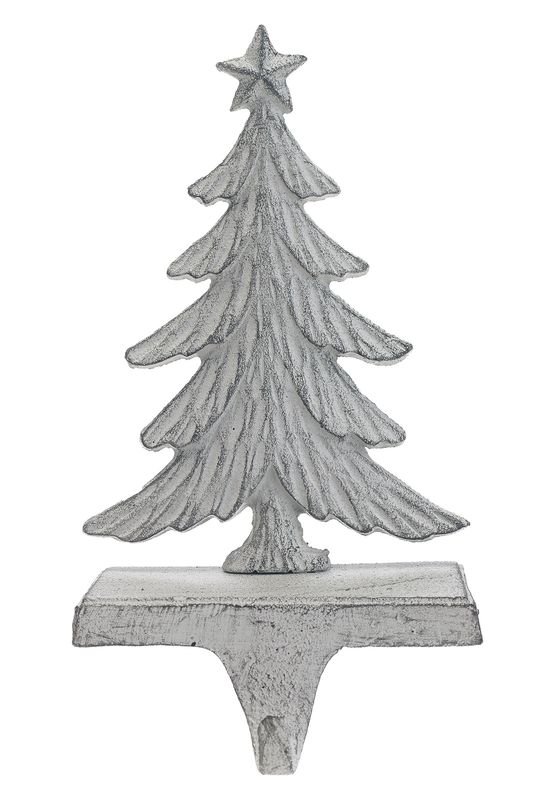 Cast iron stocking holder, antique white fir tree w/star, 9 in  6