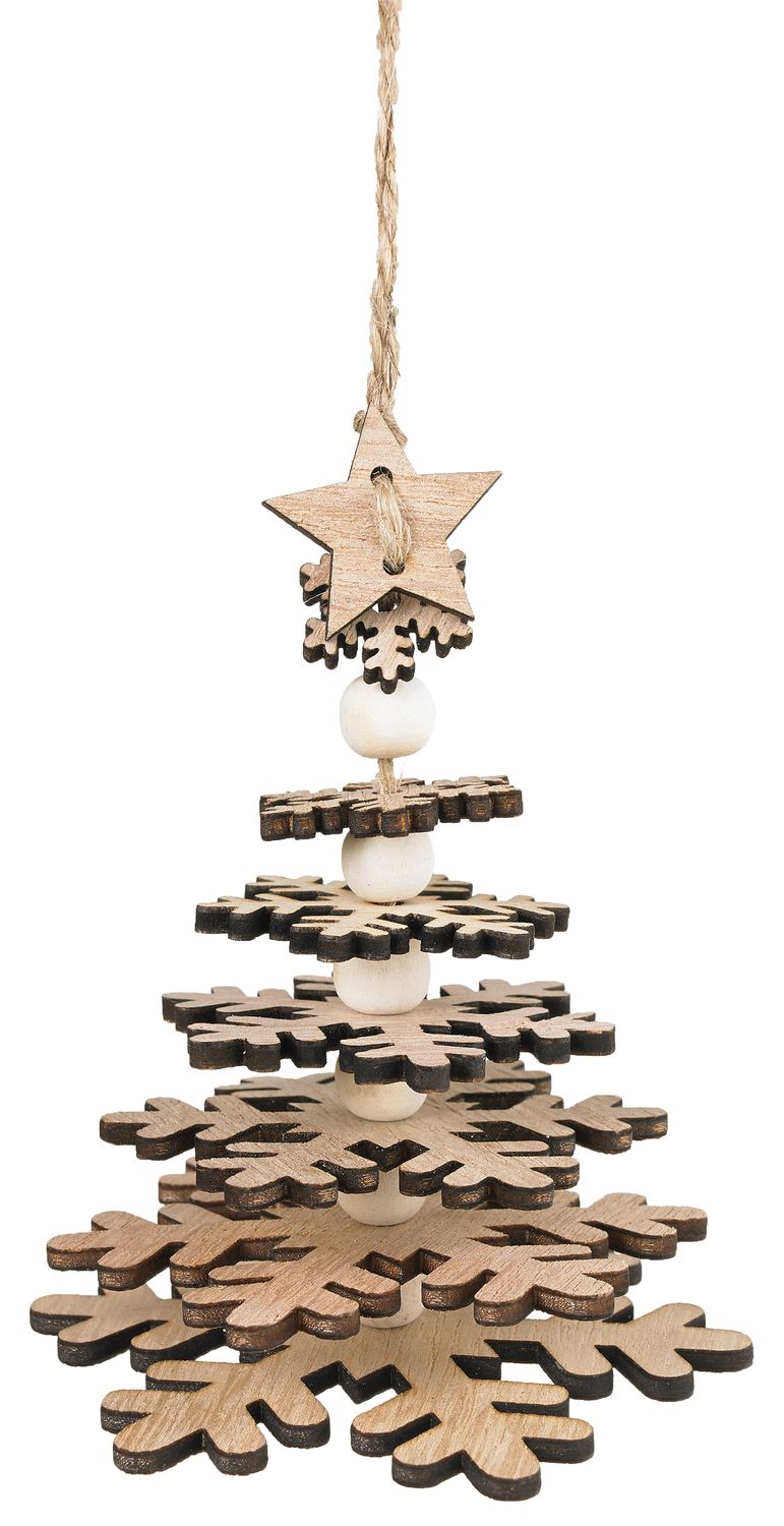 Tiered wood snowflake tree ornament, natural colour on jute rope, 4.5 in  24