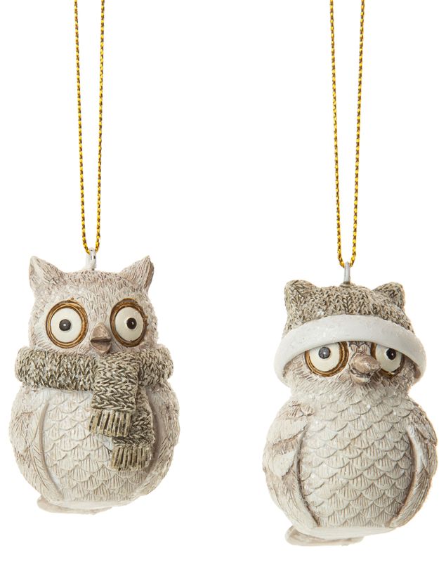 2 Asst&#39;d painted resin owls with hat and scarf ornaments, frost finish, 2.5 in  24
