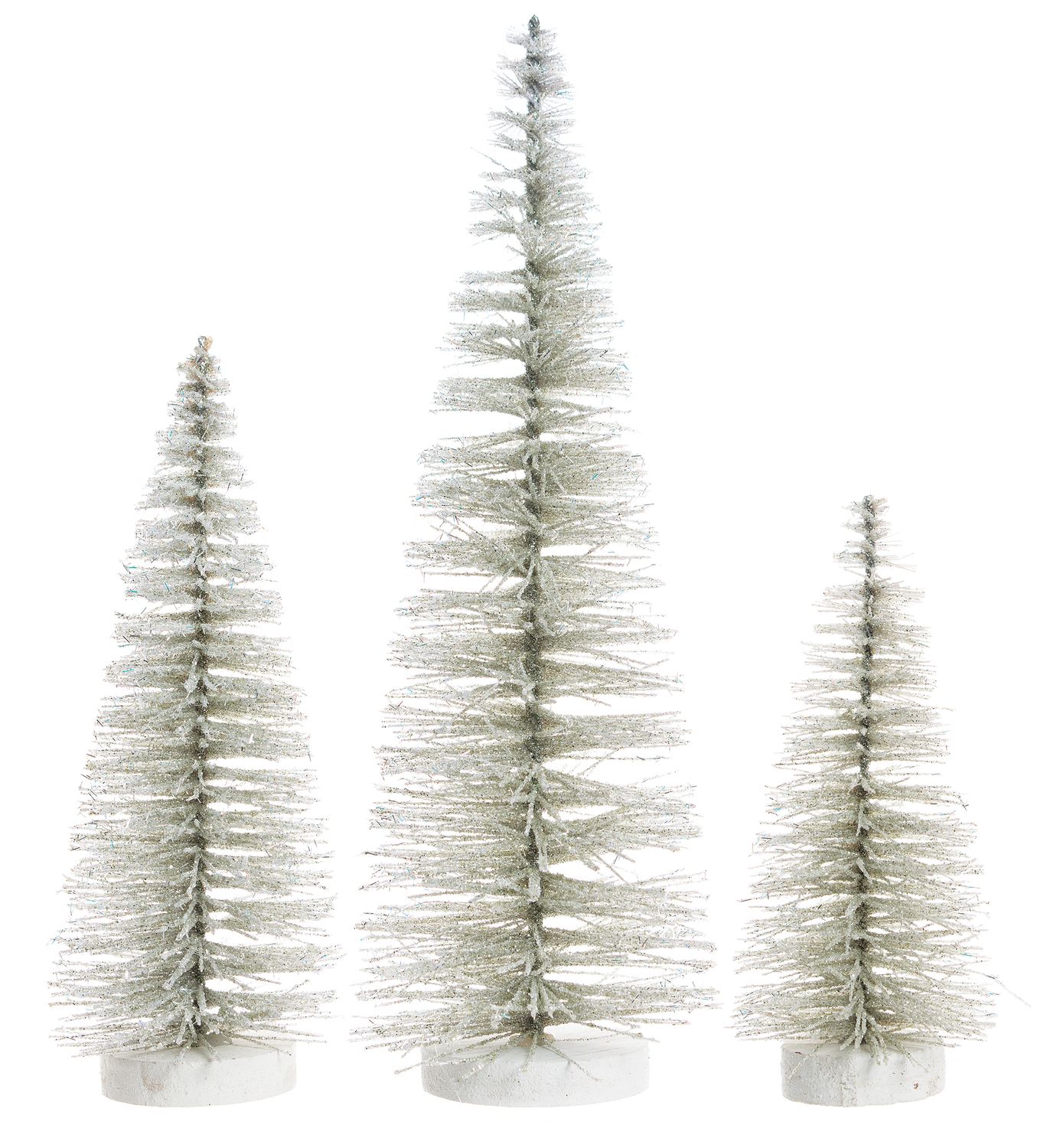 Set of 3 frost silver bristle trees, iridescent glitter on wood base, 8+10+14 in  4